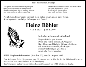 Traueranzeige von Heinz Böhler von Tageszeitung