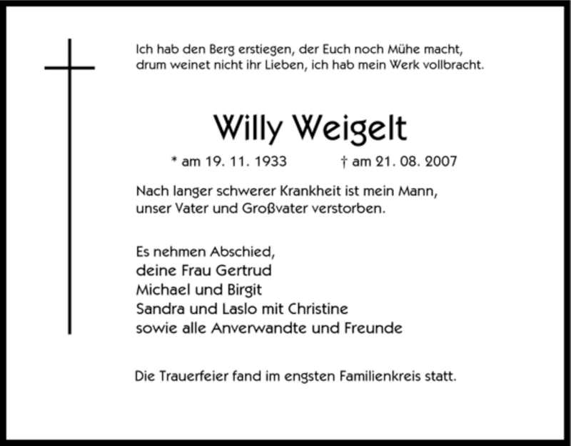  Traueranzeige für Willy Weigelt vom 28.08.2007 aus Tageszeitung