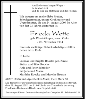 Traueranzeige von Frieda Wette von Tageszeitung