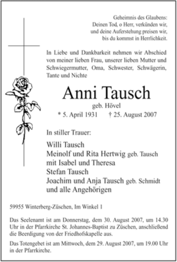 Traueranzeige von Anni Tausch von Tageszeitung