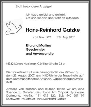 Traueranzeige von Hans-Reinhard Gatzke von Tageszeitung