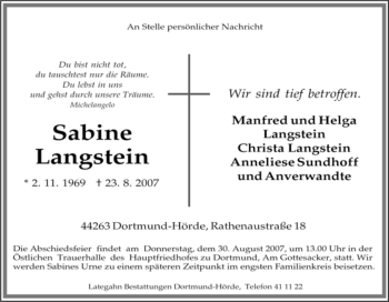 Traueranzeige von Sabine Langstein von Tageszeitung