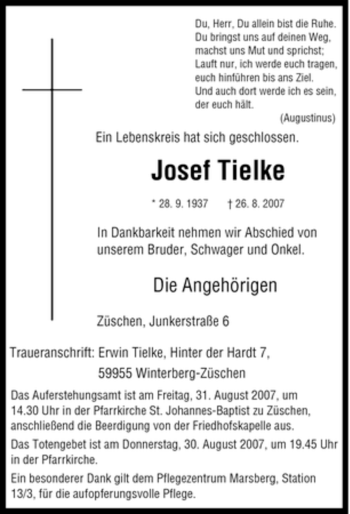 Traueranzeige von Josef Tielke von Tageszeitung