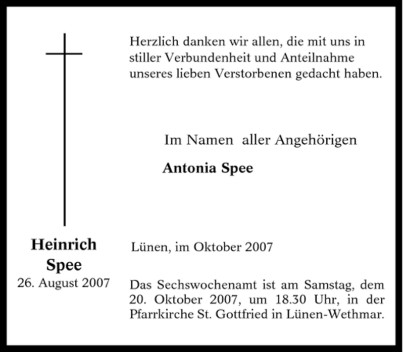  Traueranzeige für Heinrich Spee vom 28.08.2007 aus Tageszeitung