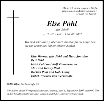 Traueranzeige von Else Pohl von Tageszeitung