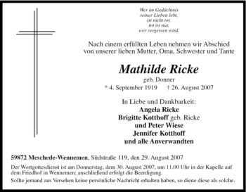 Traueranzeige von Mathilde Ricke von Tageszeitung