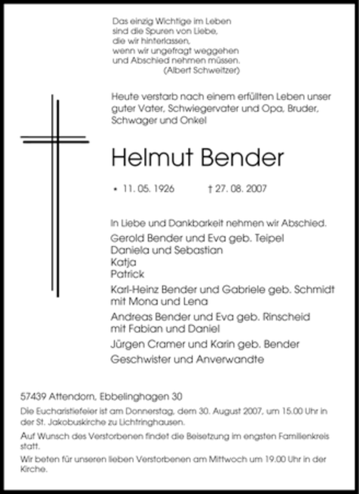  Traueranzeige für Helmut Bender vom 28.08.2007 aus Tageszeitung