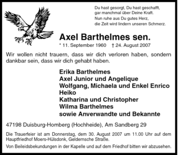 Traueranzeige von Axel Barthelmes von Tageszeitung