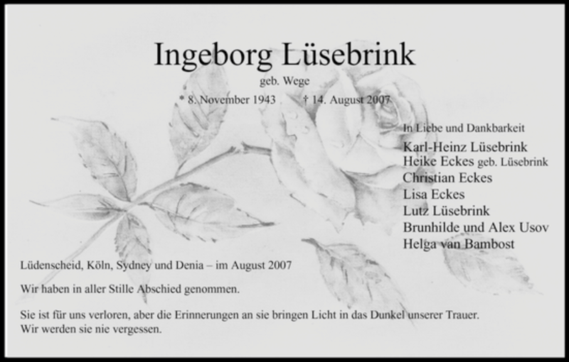  Traueranzeige für Ingeborg Lüsebrink vom 28.08.2007 aus Tageszeitung