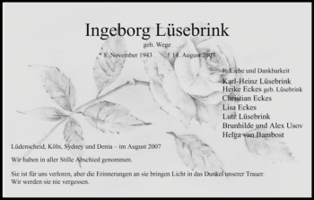 Traueranzeige von Ingeborg Lüsebrink von Tageszeitung