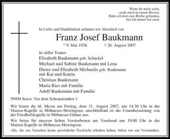 Traueranzeige von Franz Josef Baukmann von Tageszeitung
