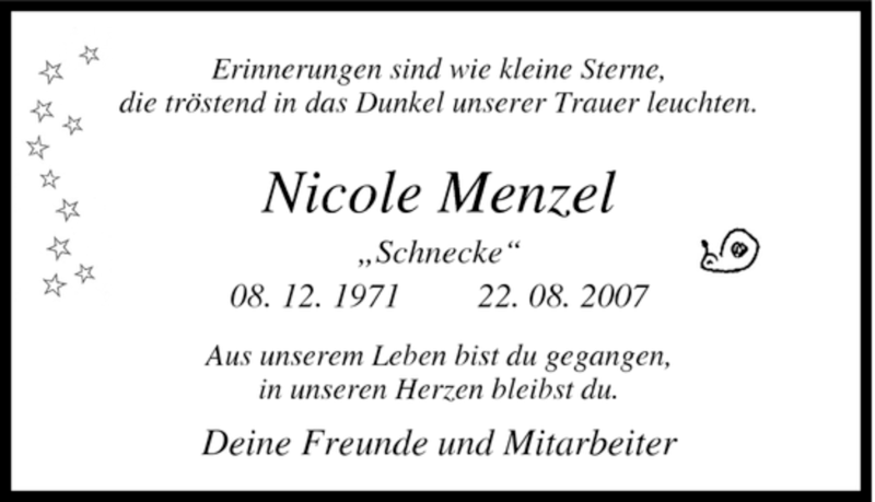  Traueranzeige für Nicole Menzel vom 29.08.2007 aus Tageszeitung