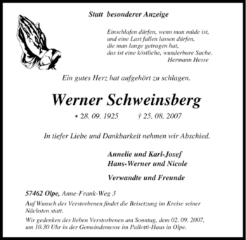 Traueranzeige von Werner Schweinsberg von Tageszeitung