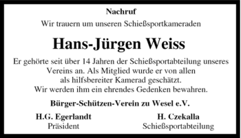 Traueranzeige von Hans-Jürgen Weiss von Tageszeitung