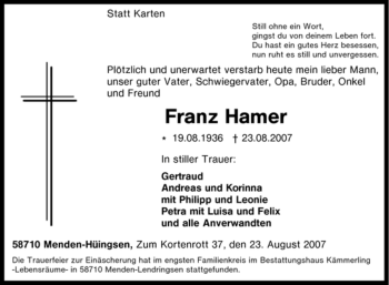 Traueranzeige von Franz Hamer von Tageszeitung