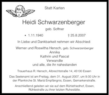 Traueranzeige von Heidi Schwarzenberger von Tageszeitung
