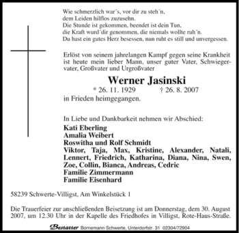 Traueranzeige von Werner Jasinski von Tageszeitung