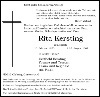 Traueranzeige von Rita Kersting von Tageszeitung