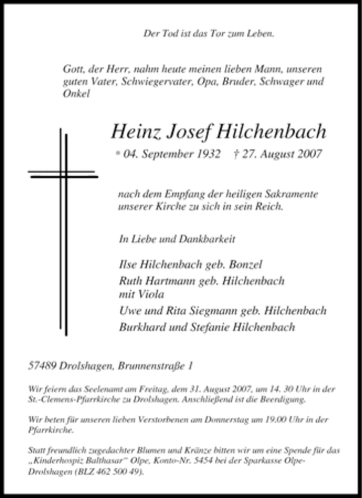  Traueranzeige für Heinz Josef Hilchenbach vom 29.08.2007 aus Tageszeitung