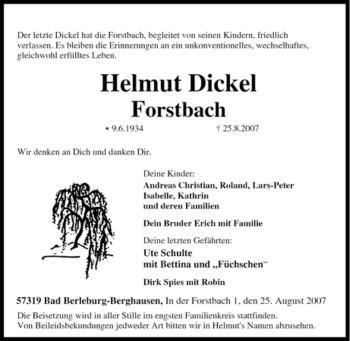 Traueranzeige von Helmut Dickel Forstbach von Tageszeitung