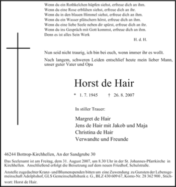Traueranzeige von Horst de Hair von Tageszeitung