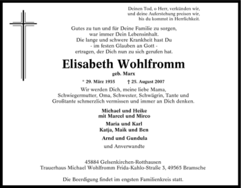Traueranzeige von Elisabeth Wohlfromm von Tageszeitung