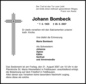 Traueranzeige von Johann Bombeck von Tageszeitung