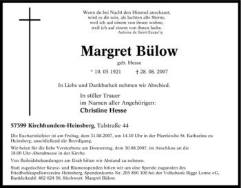 Traueranzeige von Margret Bülow von Tageszeitung