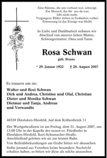 Traueranzeige von Rosa Schwan von Tageszeitung