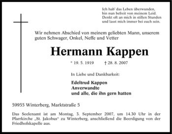 Traueranzeige von Hermann Kappen von Tageszeitung