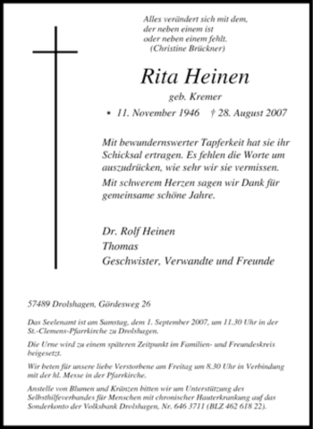 Traueranzeige von Rita Heinen von Tageszeitung