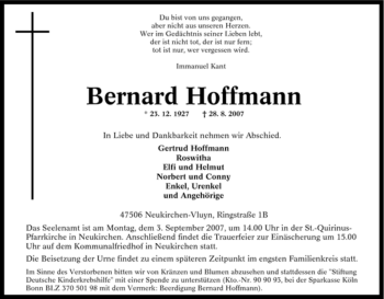 Traueranzeige von Bernard Hoffmann von Tageszeitung