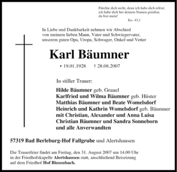 Traueranzeige von Karl Bäumner von Tageszeitung