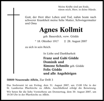 Traueranzeige von Agnes Kollmit von Tageszeitung