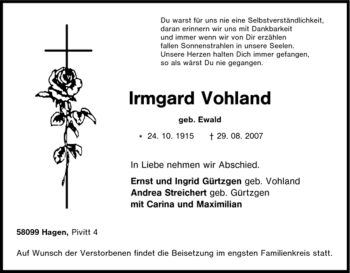 Traueranzeige von Irmgard Vohland von Tageszeitung
