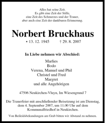 Traueranzeige von Norbert Bruckhaus von Tageszeitung