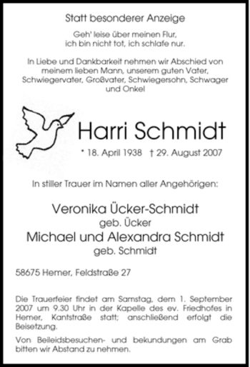 Traueranzeige von Harri Schmidt von Tageszeitung