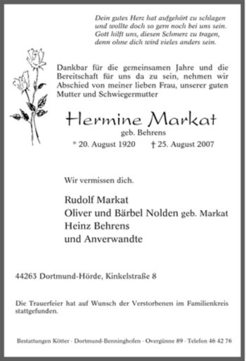 Traueranzeige von Hermine Markat von Tageszeitung