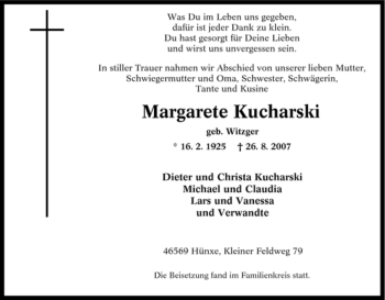 Traueranzeige von Margarete Kucharski von Tageszeitung