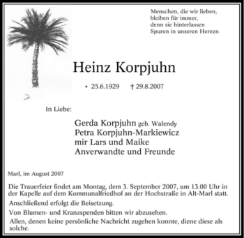 Traueranzeige von Heinz Korpjuhn von Tageszeitung