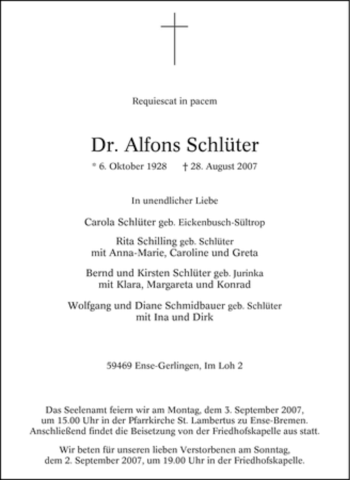 Traueranzeige von Alfons Schlüter von Tageszeitung