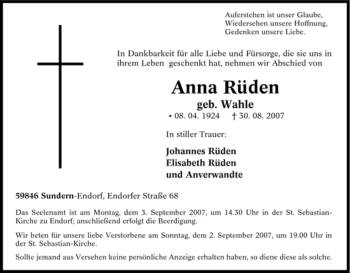 Traueranzeige von Anna Rüden von Tageszeitung