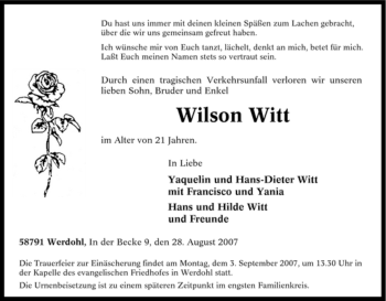 Traueranzeige von Wilson Witt von Tageszeitung