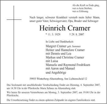 Traueranzeige von Heinrich Cramer von Tageszeitung