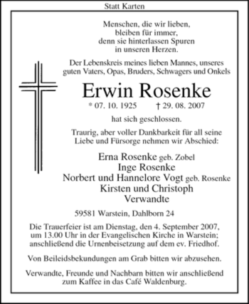 Traueranzeige von Erwin Rosenke von Tageszeitung