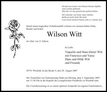 Traueranzeige von Wilson Witt von Tageszeitung