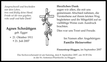 Traueranzeige von Agnes Schnüttgen von Tageszeitung