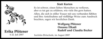 Traueranzeige von Erika Plötzner von Tageszeitung