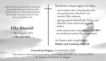 Traueranzeige von Elke Hunold von Tageszeitung