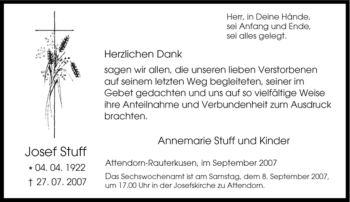 Traueranzeige von Josef Stuff von Tageszeitung
